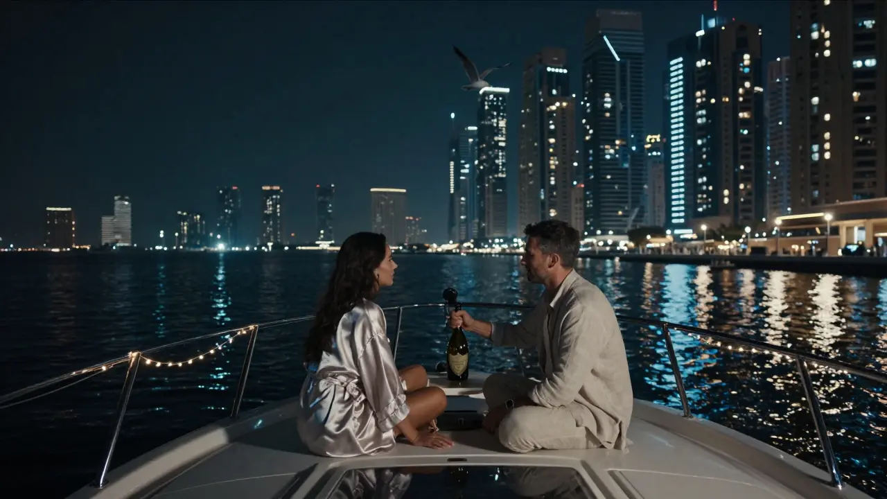 Two figures on a luxury yacht at night, sharing quiet conversation over wine.
