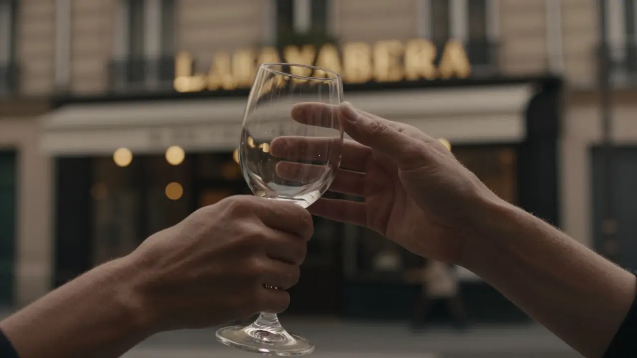 Two hands pass a wine glass with a fleeting, intentional brush—no faces, only quiet connection.