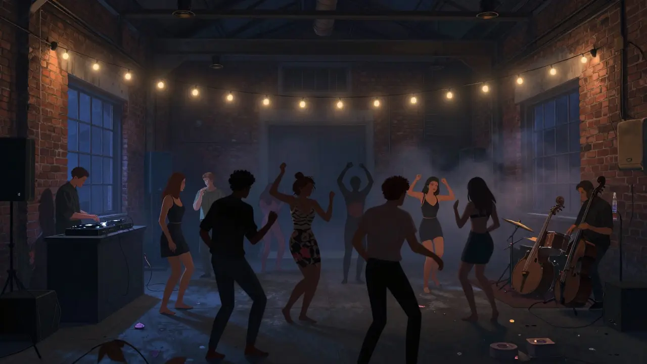 Underground club in Isola with people dancing barefoot to live jazz music.