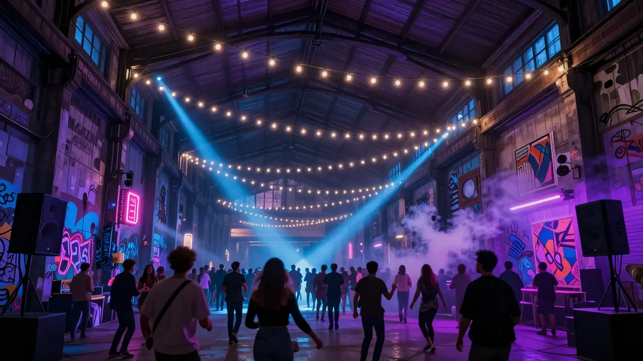 Vibrant warehouse club with hanging lights and dancing crowd under pulsing neon.