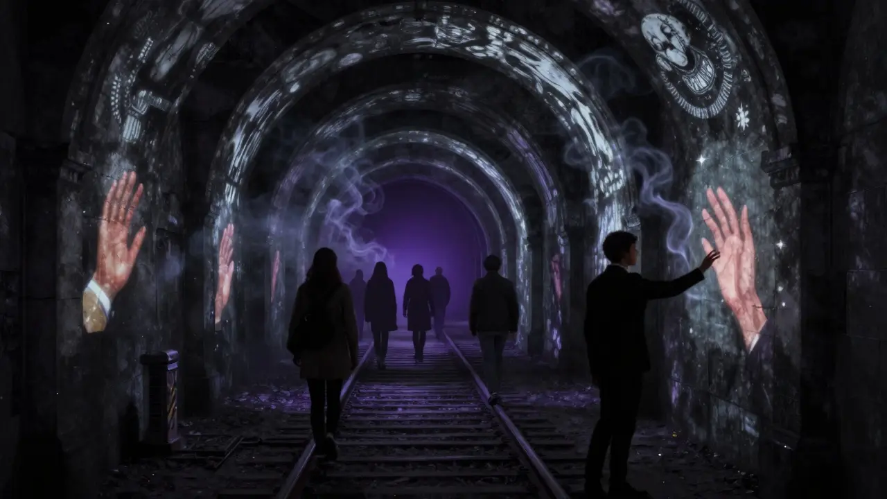 Visitors walk through dark tunnels illuminated by floating memory projections, surrounded by incense smoke and silence.