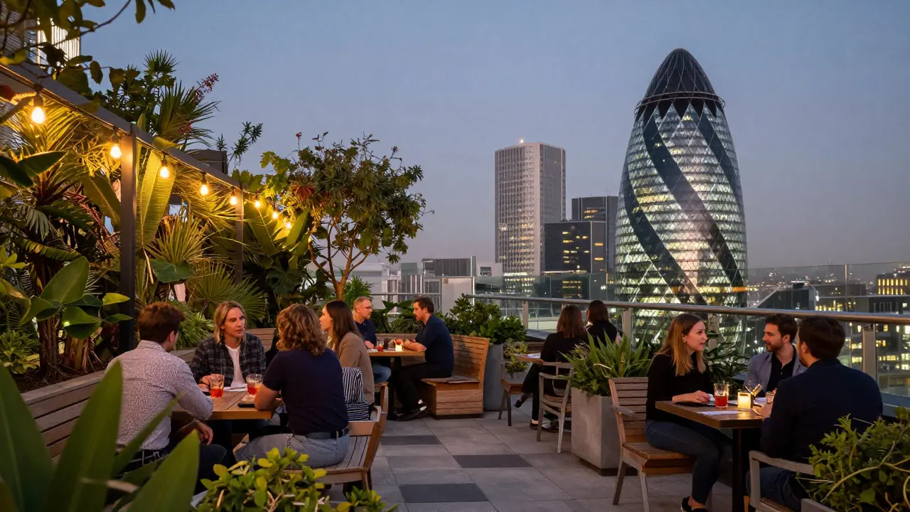 A cozy rooftop garden at Sky Garden with plants, string lights, and people enjoying drinks as the Gherkin lights up.