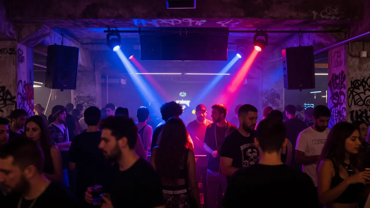 A crowded underground club with pulsing lights and dancers moving to electronic music in an industrial warehouse space.