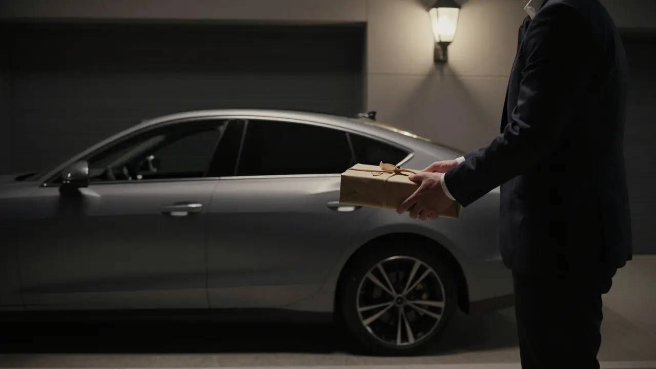 A discreet handoff at a private location in Abu Dhabi, emphasizing confidentiality and thoughtful gesture.