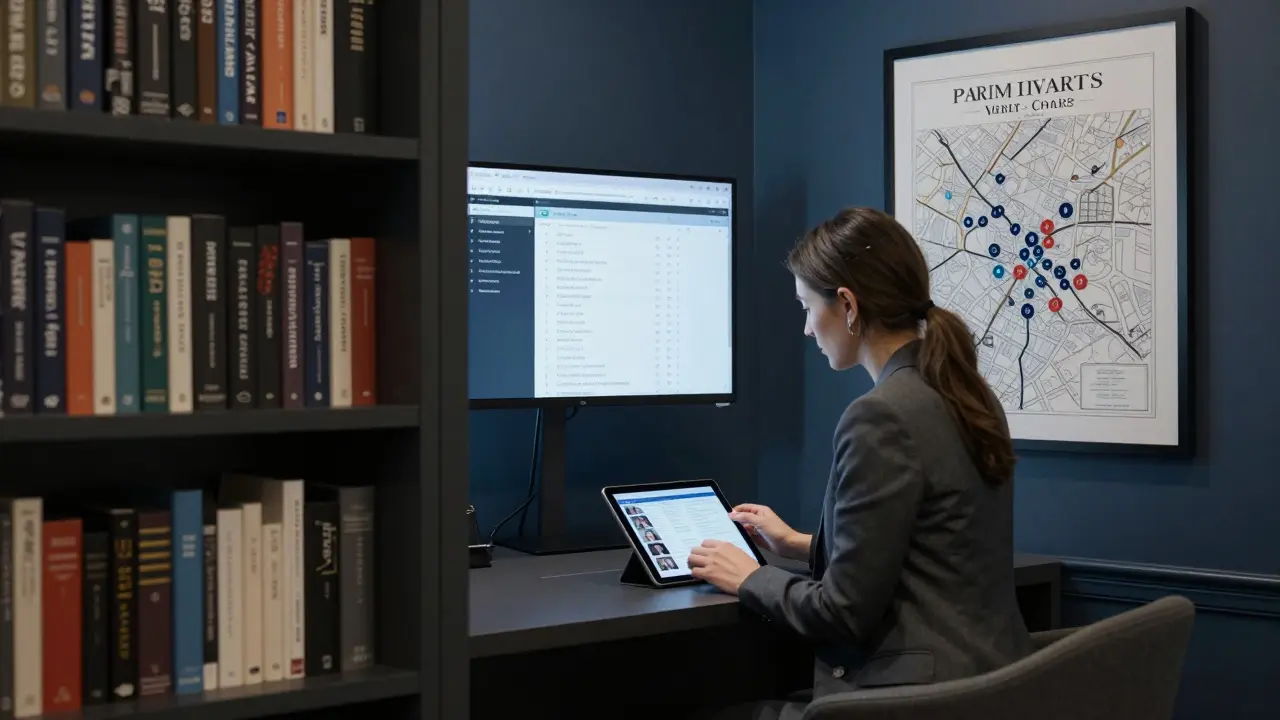 A discreet professional workspace with secure tablets, encrypted messages, and a map of Paris.