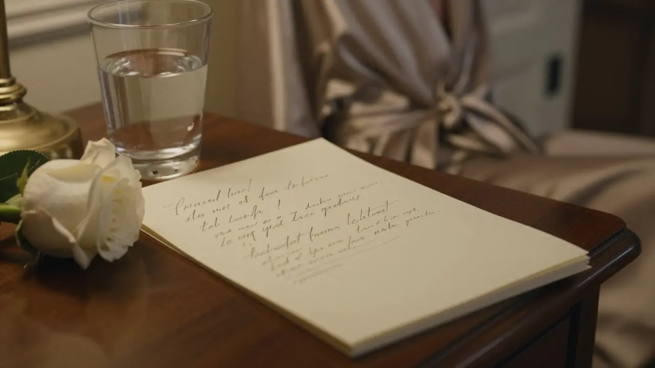 A handwritten note and white rose rest on a nightstand in a quiet hotel room, conveying intimacy without words.