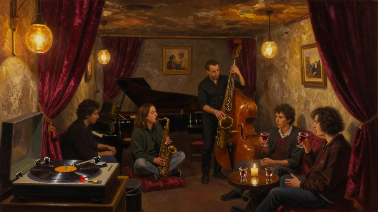 A hidden basement jazz club in Beyoğlu with musicians playing under soft amber lights and patrons sipping raki.