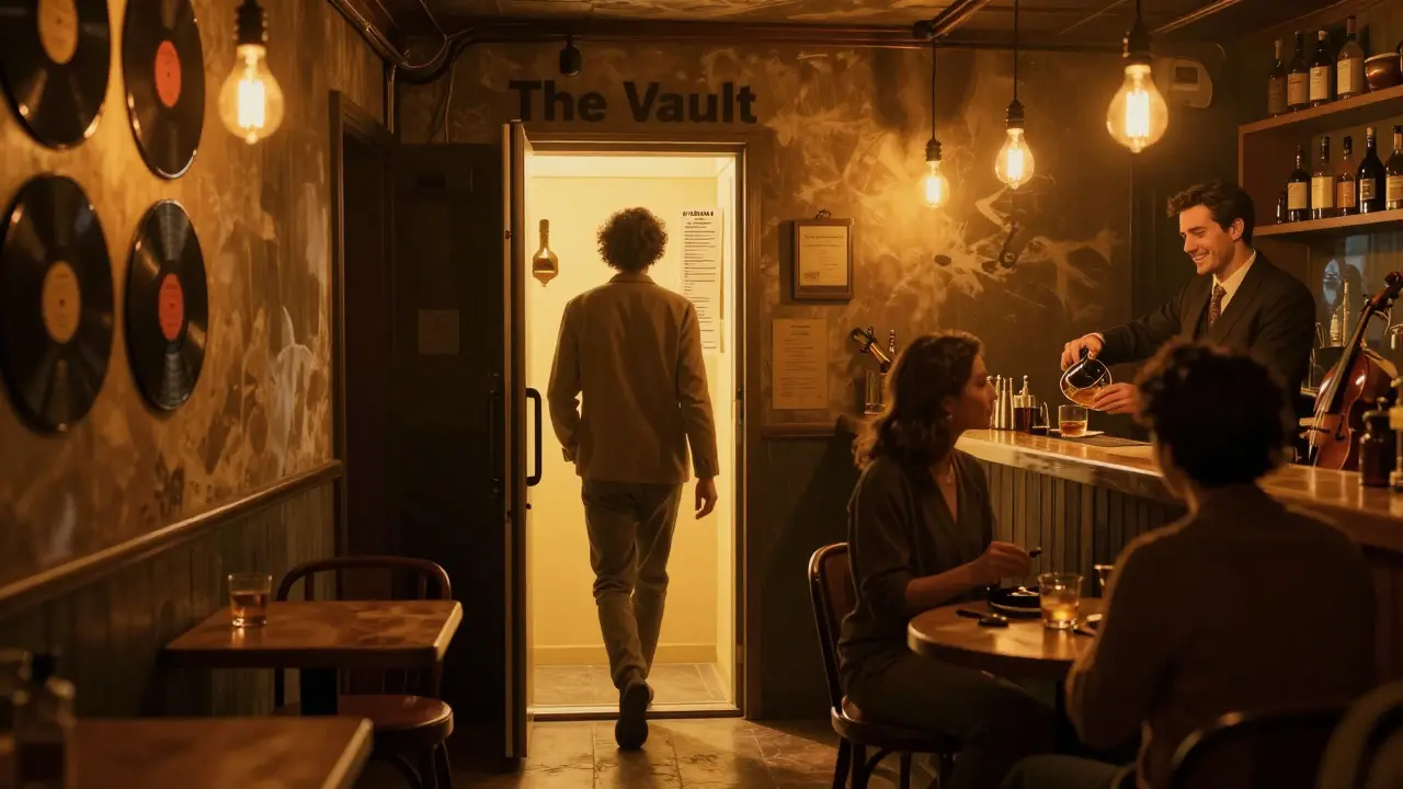 A hidden speakeasy behind a refrigerator door, glowing warmly as one guest enters alone.