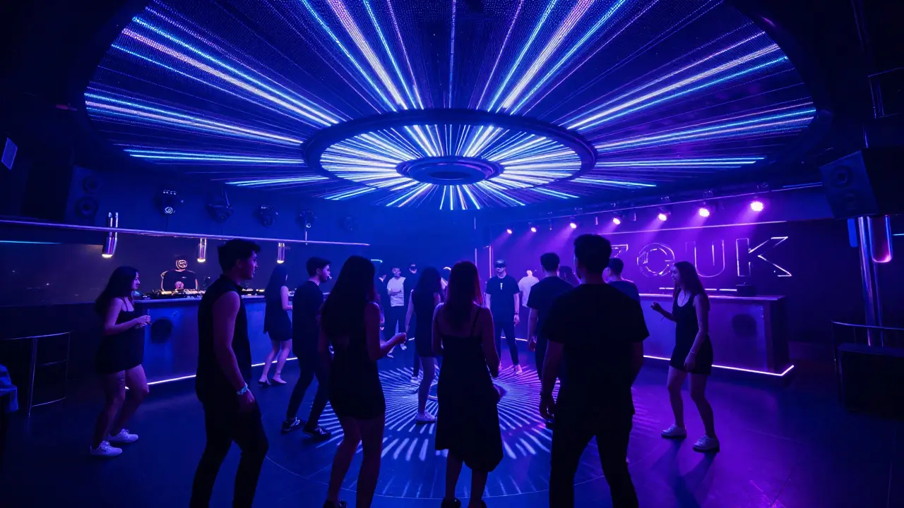 A high-tech nightclub with LED ceiling and dancing crowd in sleek black outfits under pulsing lights.