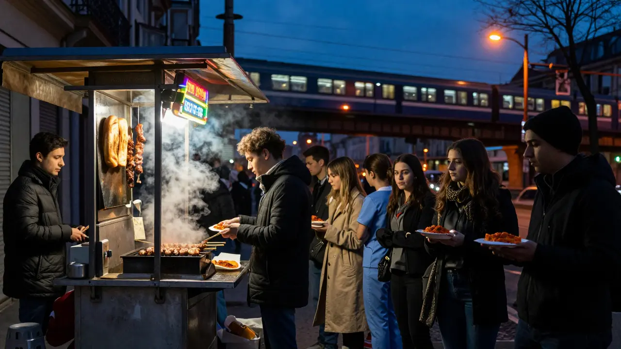 A late-night kebab cart in Paris, serving grilled meat to a diverse crowd under a train viaduct at 1 a.m.