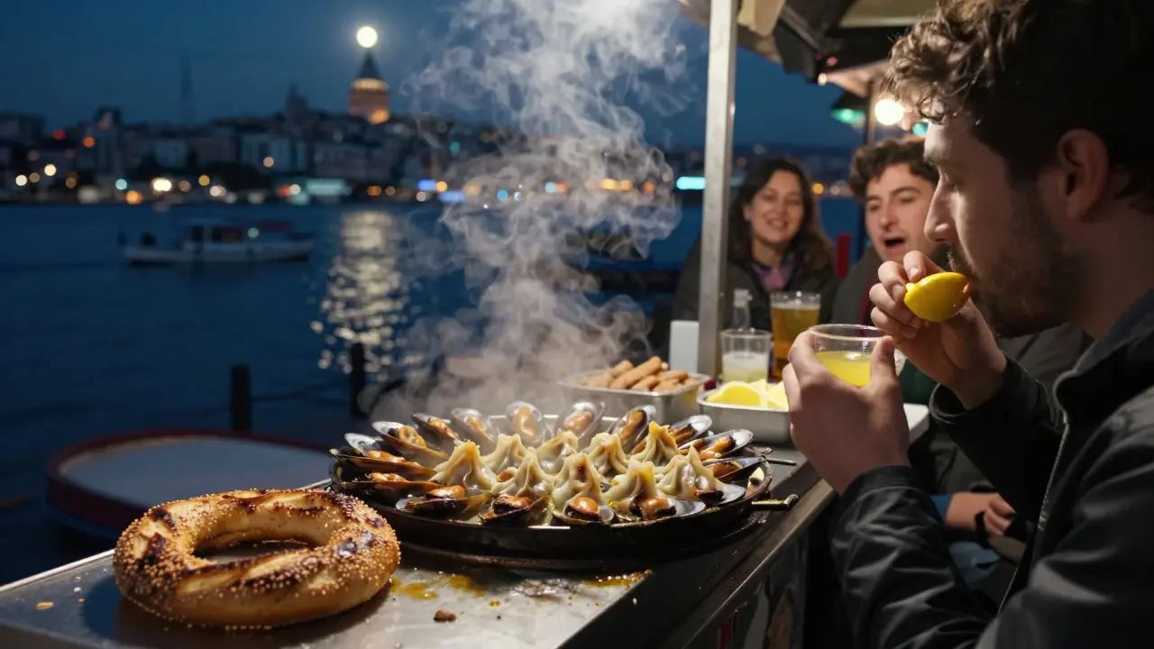 A late-night street vendor serving grilled stuffed mussels near Galata Bridge, with the Bosphorus glowing in the moonlight.