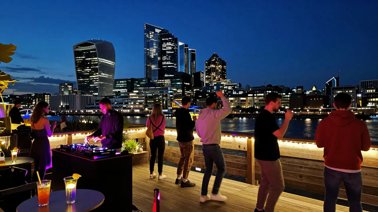 A lively rooftop party at The Garden at 123 with string lights, dancing patrons, and the Thames shimmering in the background.