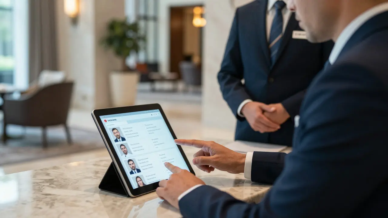 A luxury hotel concierge showing verified companion profiles on a tablet to a client.