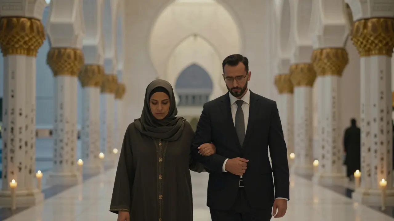 A professional companion guiding a client through the peaceful interior of the Sheikh Zayed Grand Mosque after evening prayers.