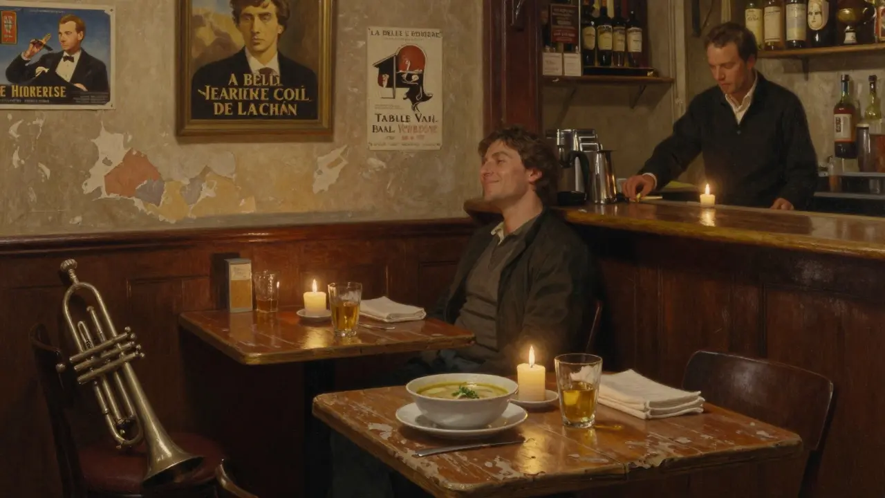 A solitary patron at a quiet Paris bistro at 3 a.m., sipping wine beside an empty soup bowl, lit by candlelight.