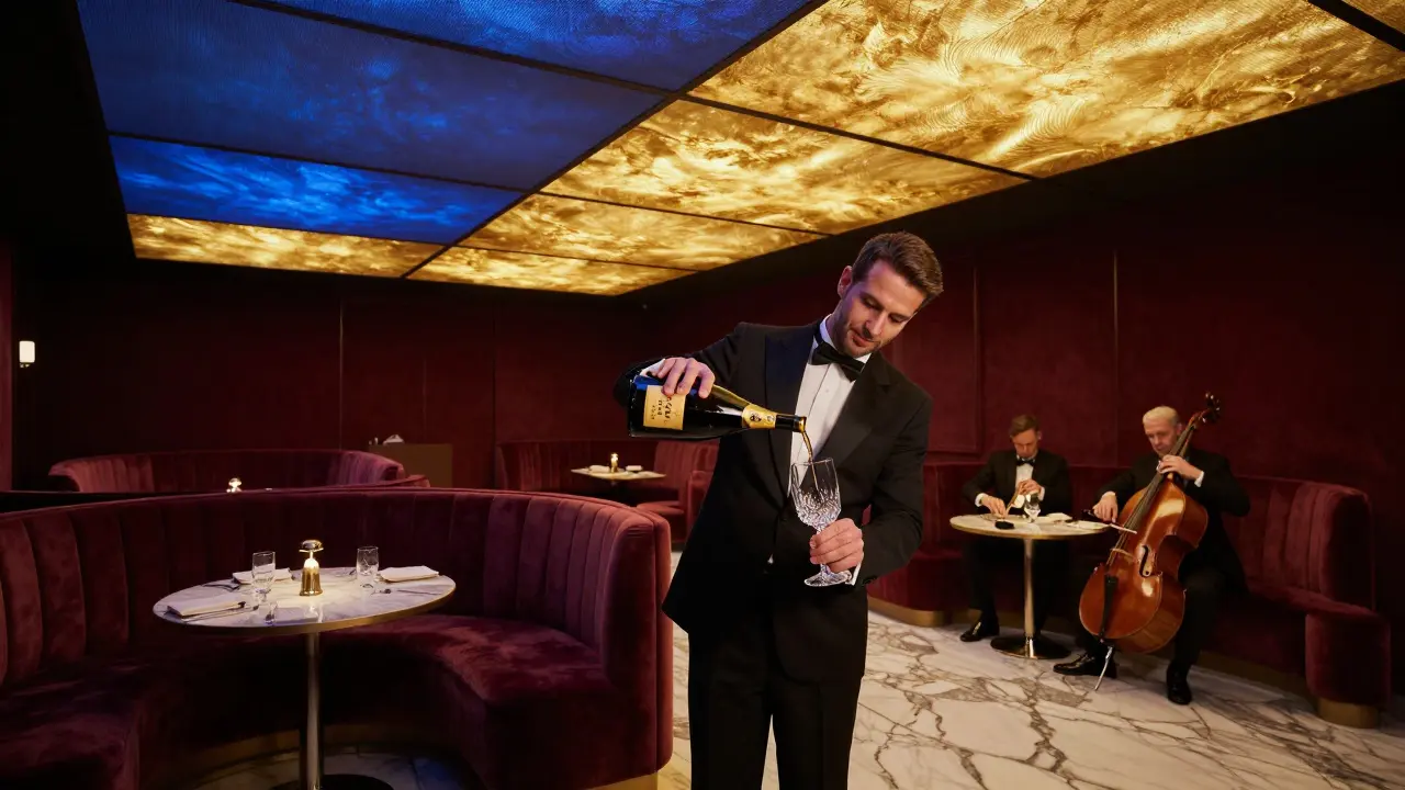 A sommelier pours vintage Krug in Le Palace, where a dynamic LED ceiling shifts from night to dawn amid live jazz and velvet booths.
