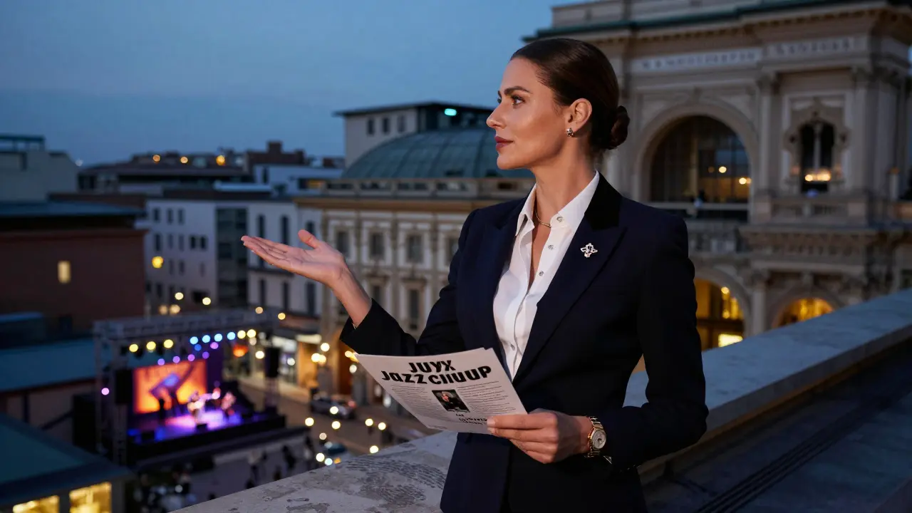 A sophisticated escort pointing toward a jazz club on a Milan rooftop as the city lights glow behind her.