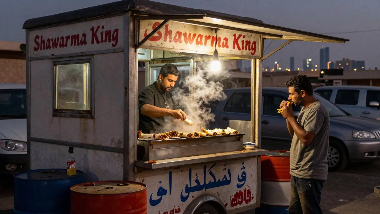 A street food truck serving shawarma at night, a traveler eating with hands under a dim bulb.