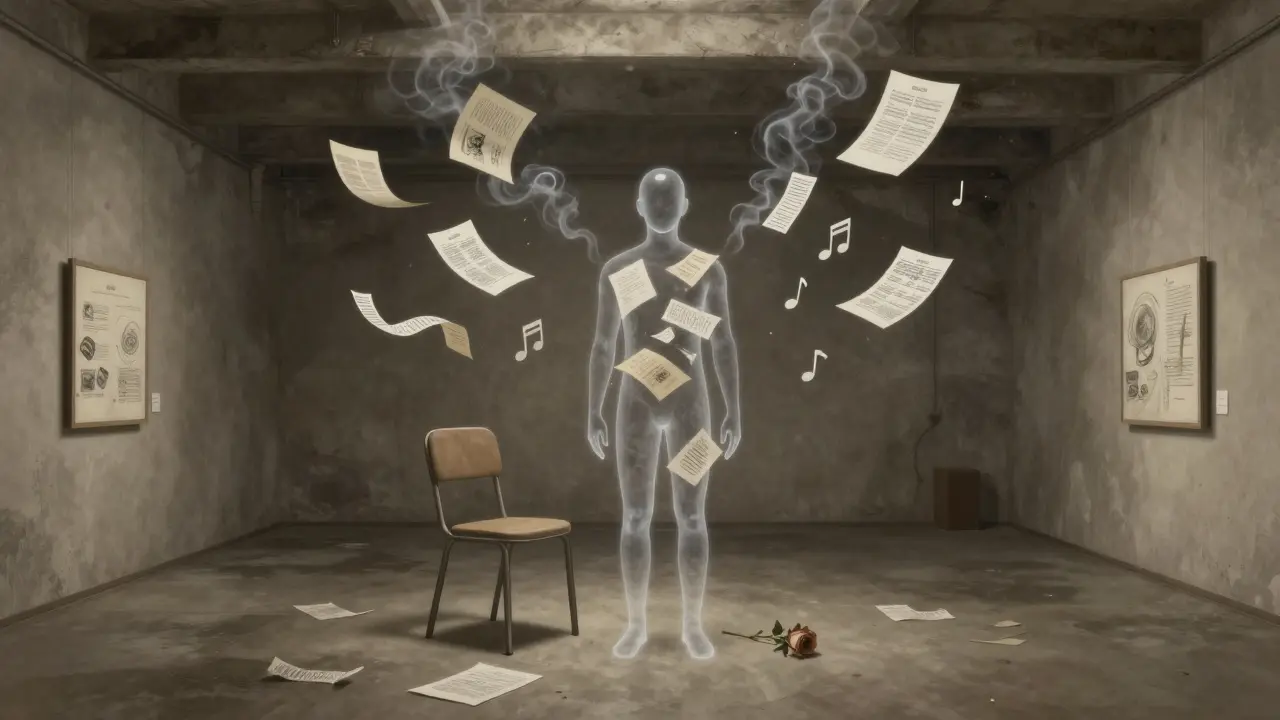 A transparent figure made of sketches and receipts floating in a Berlin underground gallery, symbolizing hidden creative labor.