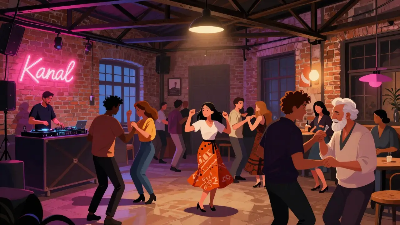 A vibrant underground club in Karaköy with locals dancing to Turkish house music under exposed brick walls and neon lights.