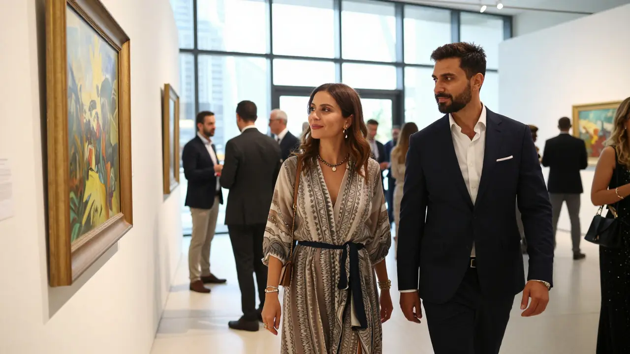 A woman and her companion enjoying an art gallery opening in Dubai, dressed elegantly.