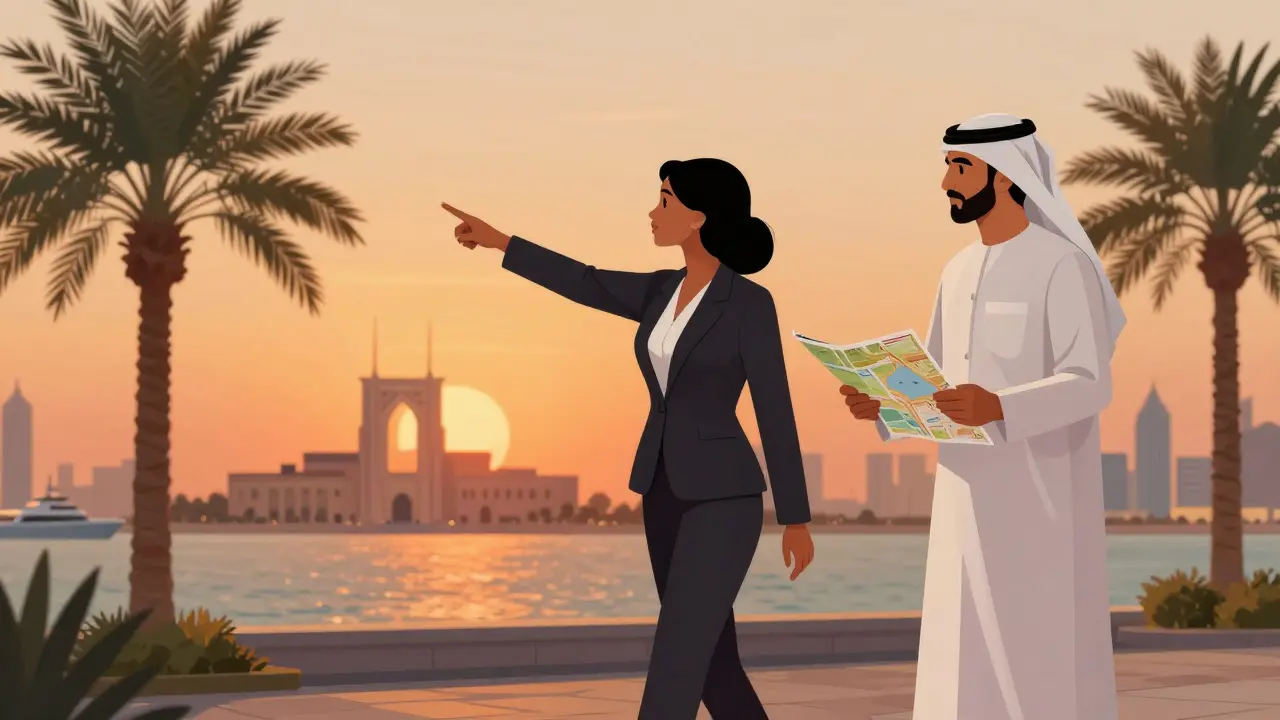 A woman guiding a guest along the Corniche at sunset in Abu Dhabi, offering cultural insight.