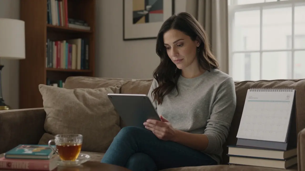 A woman in casual clothes reviews client profiles in a cozy, book-filled room, natural light streaming through a window.