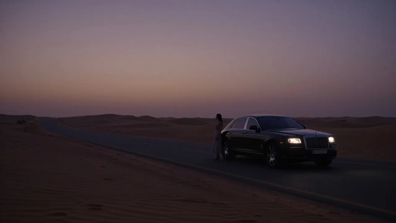 A woman standing alone beside a parked car at twilight on a desert road near Abu Dhabi, peaceful and safe.