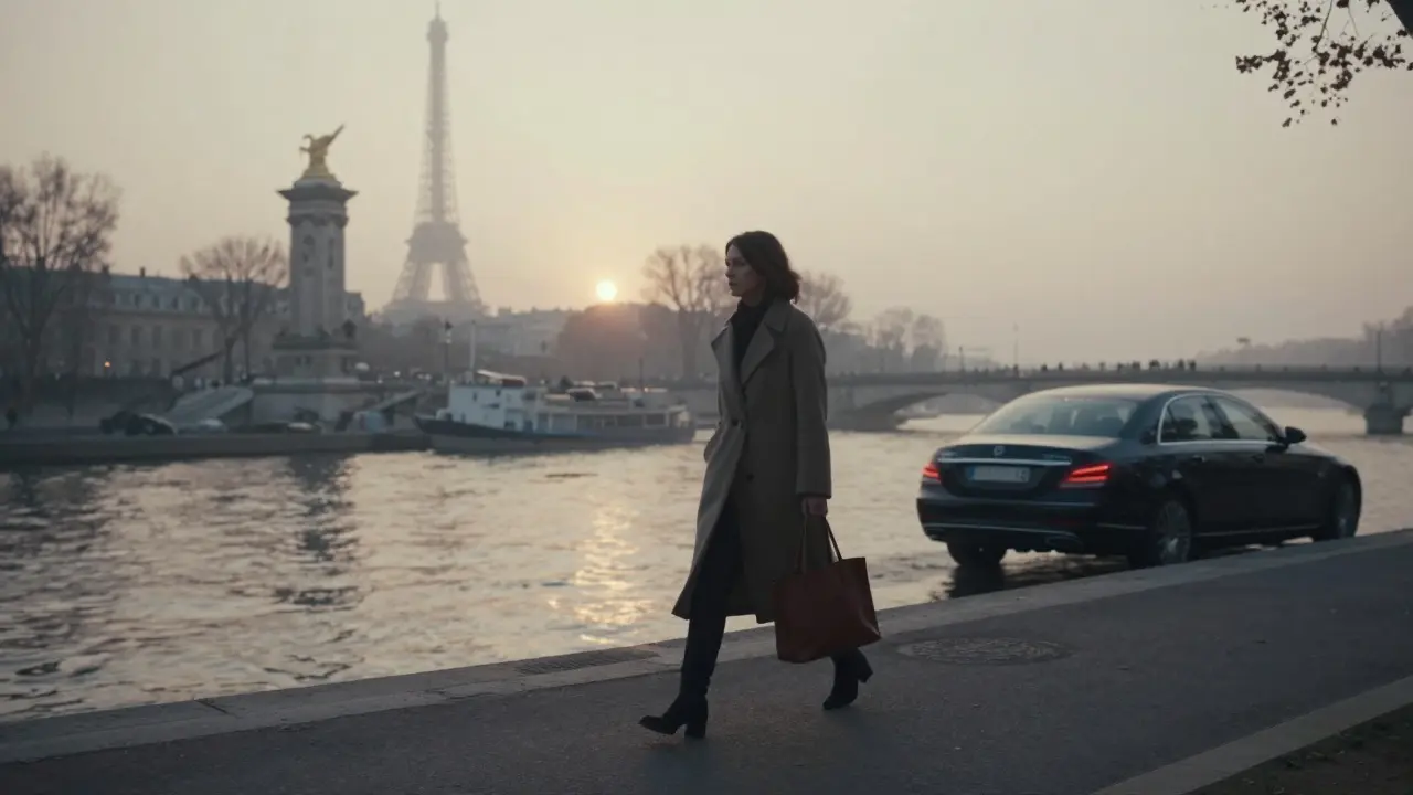A woman walking alone by the Seine at sunrise, a luxury car faintly visible behind her.