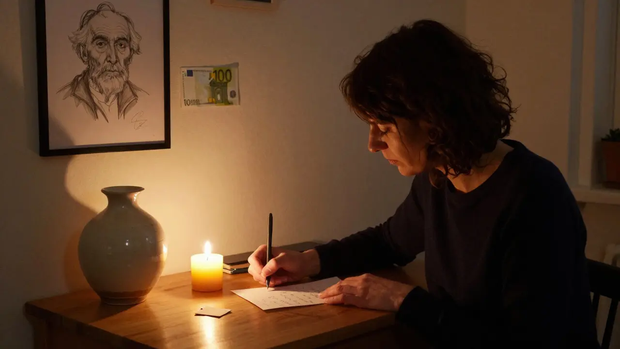 A woman writing a letter by candlelight in a Berlin apartment, with a ceramic vase and a folded bill on the desk.