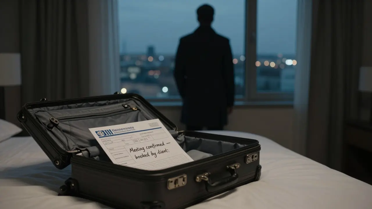 An anonymous hotel room in Berlin with a government registration card and booked room confirmation, emphasizing privacy and legality.