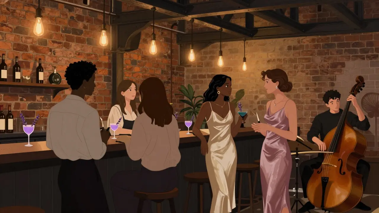 An intimate industrial bar with exposed brick and soft lighting, fashion-forward guests conversing quietly beside a cocktail bar.