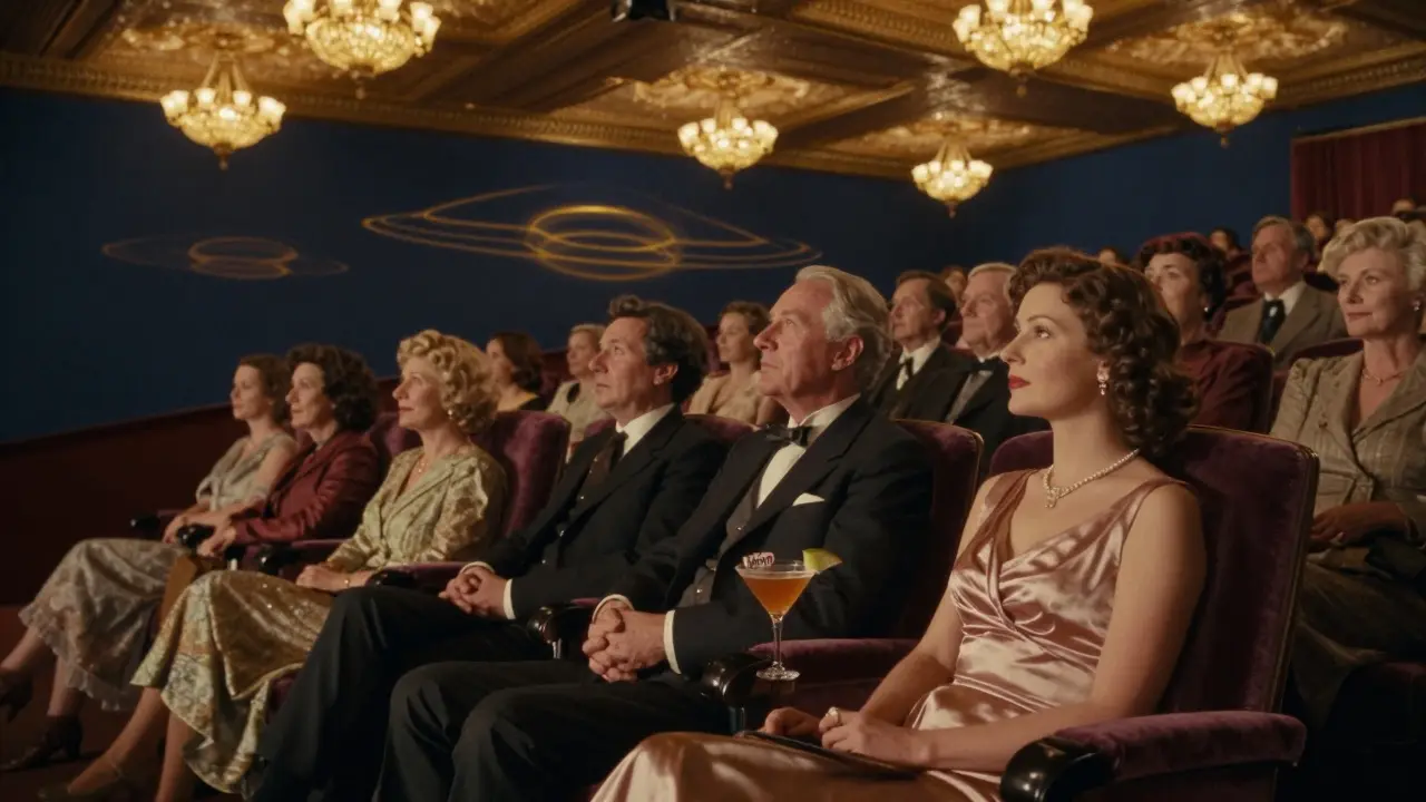 Audience in 1910 Electric Cinema watching 4K restoration of 1900, chandeliers glowing above velvet seats.