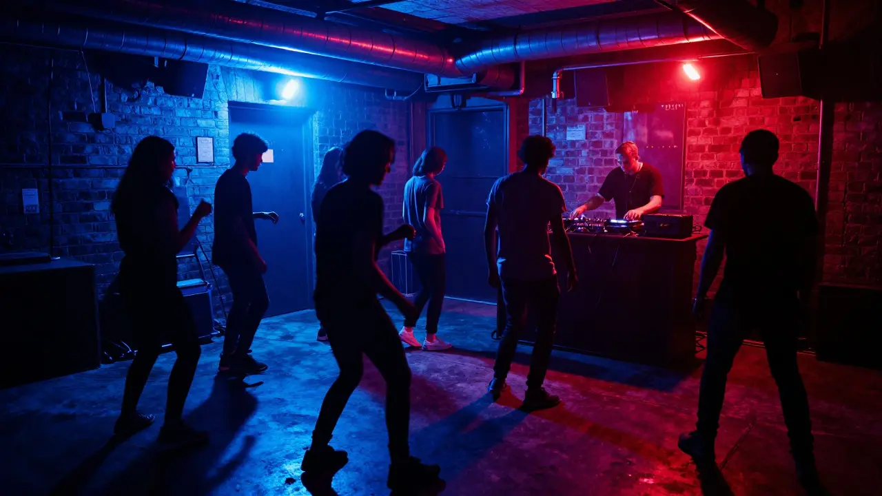 Dancers in a dark, industrial club under pulsing strobe lights with concrete floors.