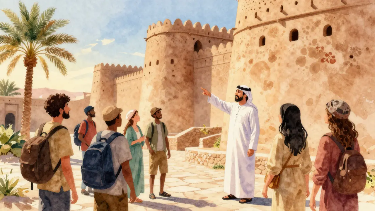 Diverse tourists on guided tour of Qasr Al Hosn fortress in golden light