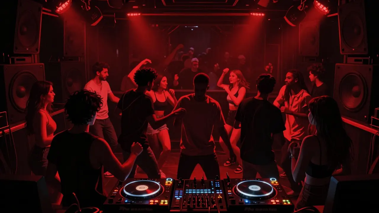 Drum and bass club with intense dancing and subwoofer setup