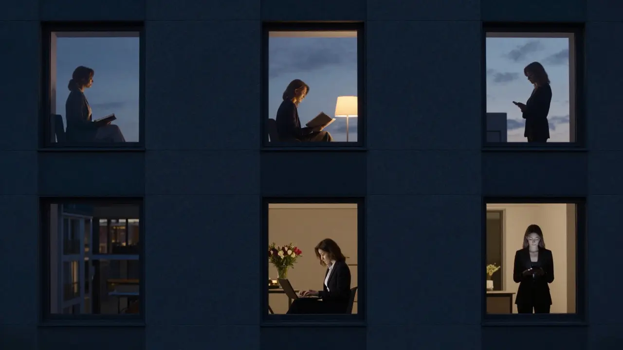 Five women are silhouetted in separate windows of a Milan high-rise, each engaged in quiet, private moments.