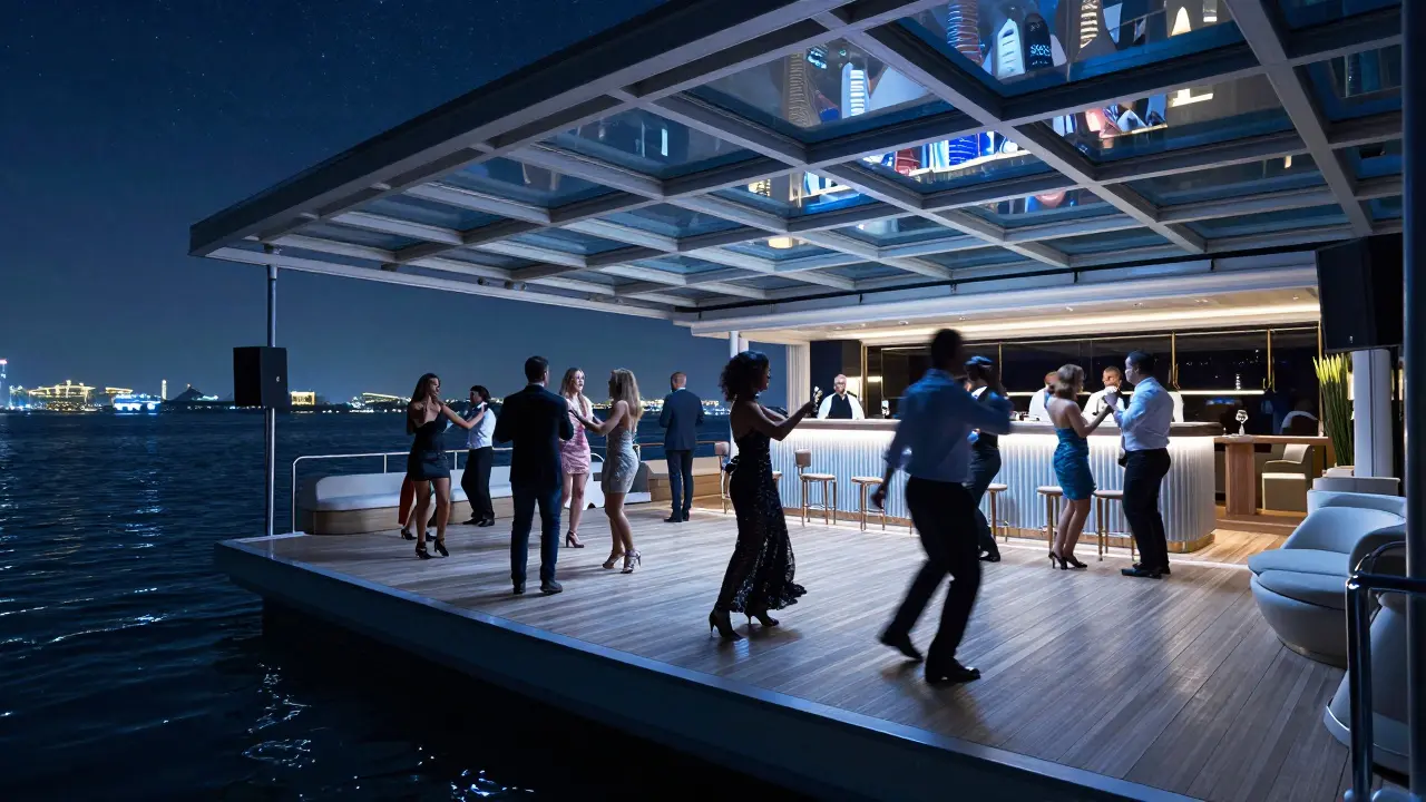 Floating nightclub on water under starry sky, guests in formal wear dancing quietly to ambient music.