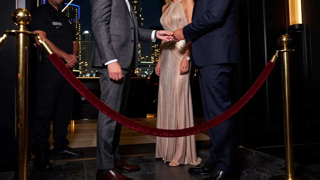 Formal attire at Dubai VIP club entrance with velvet rope barrier.