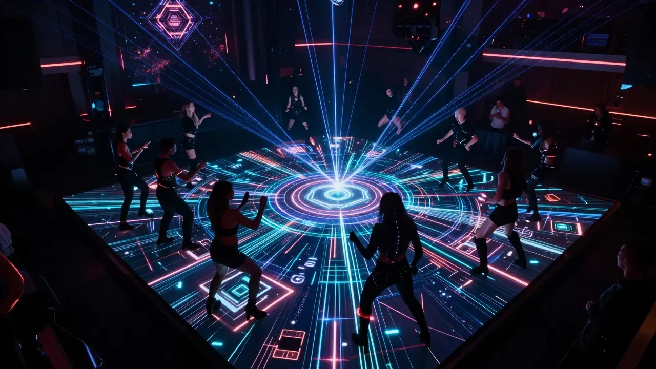 Holographic dance floor with neon-lit techno dancers in a dark club