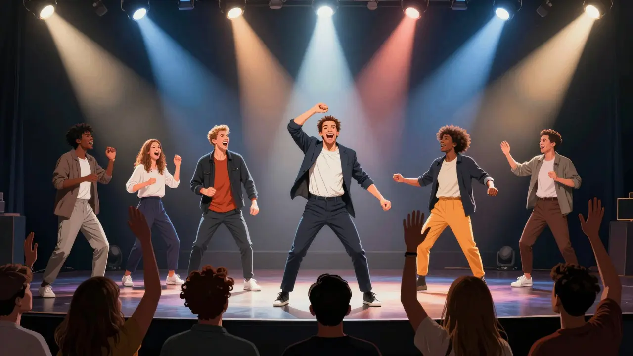 Improv Paris performers creating spontaneous comedy with audience.