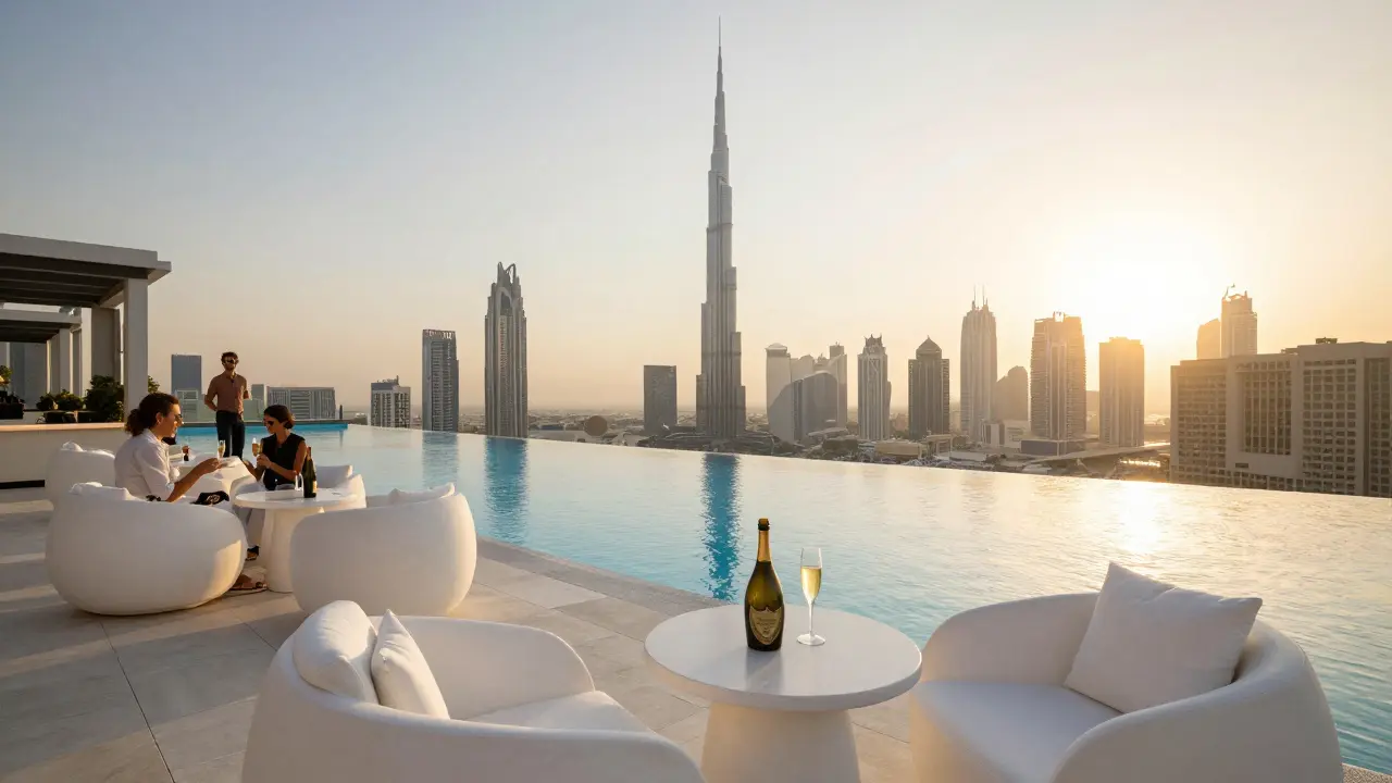 Infinity pool overlooking Dubai skyline at sunset with luxury drinks.