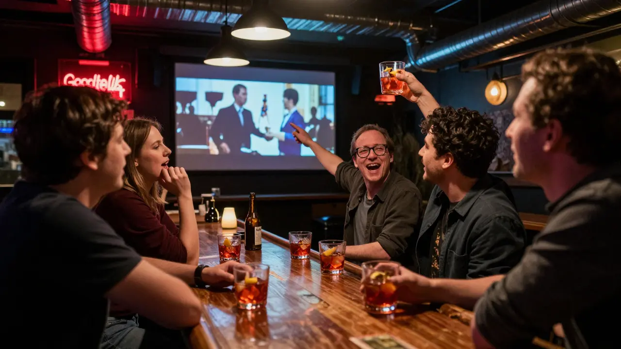 Patrons at Bar Cinema watching Goodfellas on the wall, drinking negronis, neon lights reflecting off glasses.