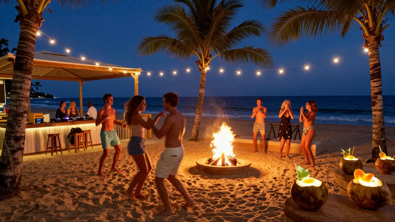 People dancing barefoot on a beach at Wetland, with coconuts and bonfire lights under a twilight sky.