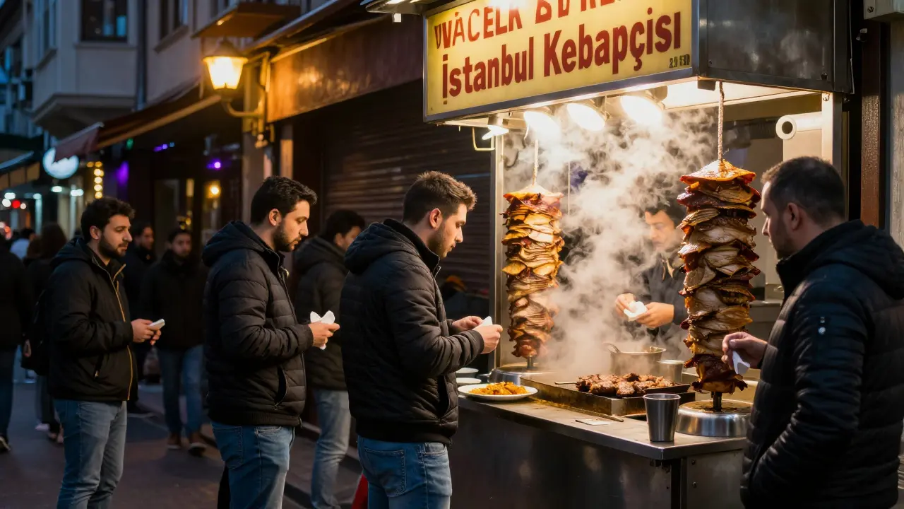 People eating kebab at a 24-hour stall in Beyoğlu at 3 a.m., steam rising from the meat under a streetlamp.