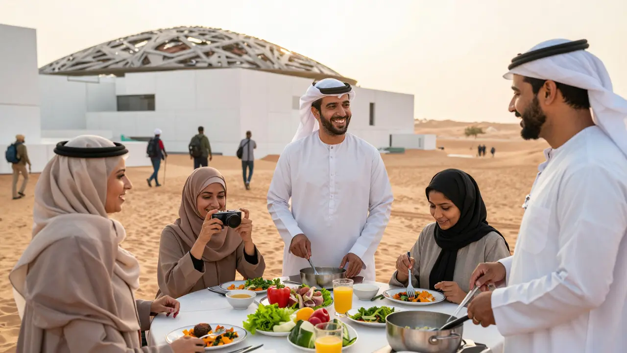 People enjoying legal social activities in Abu Dhabi — cooking, sightseeing, hiking — in warm sunrise light