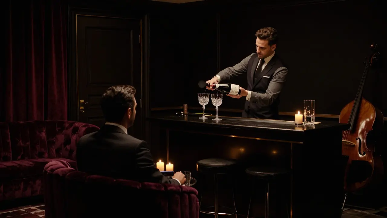 Private VIP lounge with a bartender pouring rare wine in dim, plush surroundings, no phones or crowds.