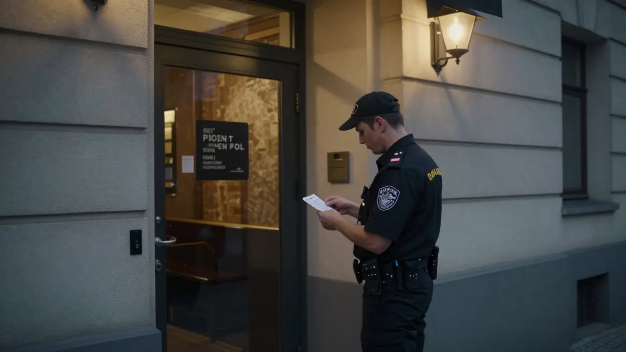 Security guard checking IDs at a brothel entrance in Berlin under evening streetlights.