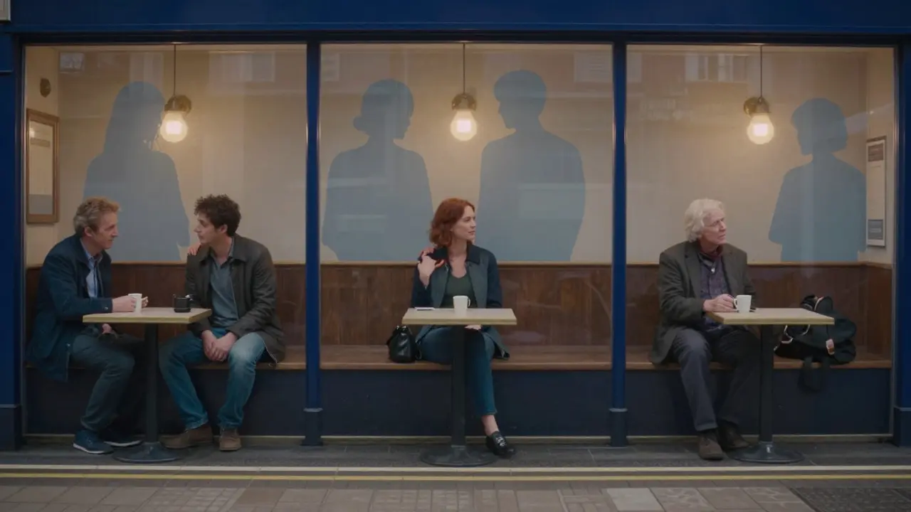 Silhouettes of lonely Londoners subtly accompanied by faint ghost-like figures of compassionate companions.