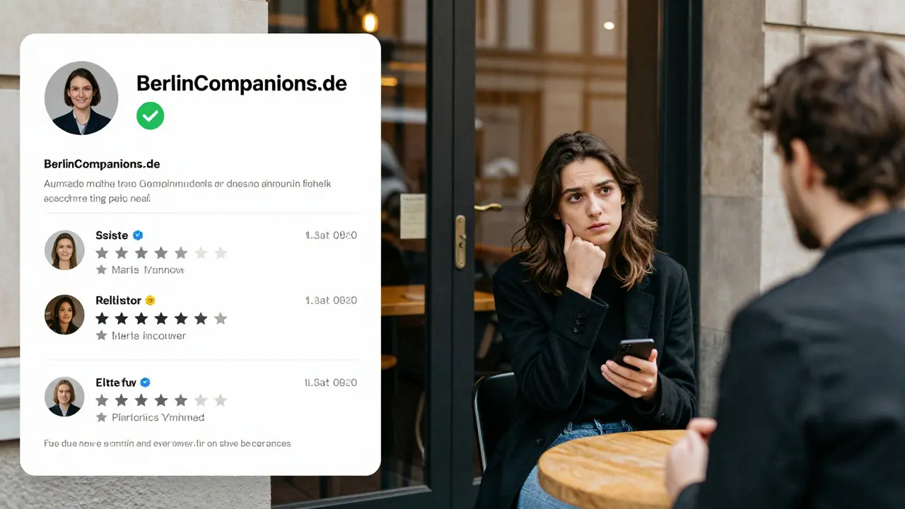 Split-screen: verified escort profile on left, person cautiously approaching a meeting on right in Berlin.